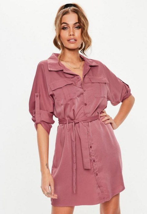 MISSGUIDED rose pink tie waist utility shirt dress ~ casual fashion - flipped