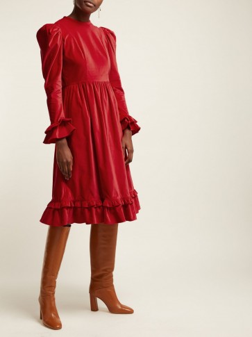 BATSHEVA Ruffle red velvet prairie midi dress | prairie dresses