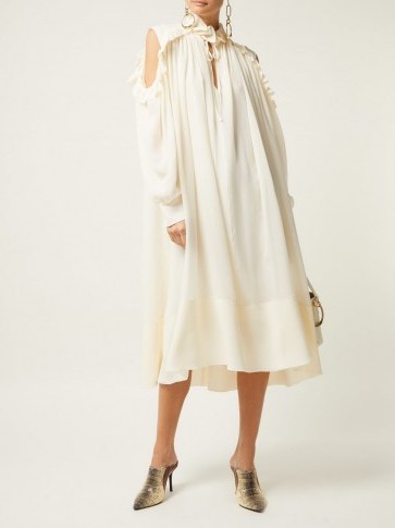 CHLOÉ Ruffled cut-out shoulder ivory silk-georgette midi dress ~ luxe clothing ~ feminine style dresses - flipped