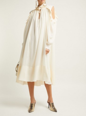 CHLOÉ Ruffled cut-out shoulder ivory silk-georgette midi dress ~ luxe clothing ~ feminine style dresses