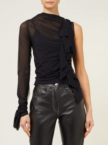 MAISON MARGIELA Ruffle-trimmed one-shoulder mesh top in black ~ contemporary feminine style clothing - flipped