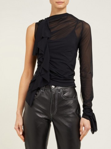 MAISON MARGIELA Ruffle-trimmed one-shoulder mesh top in black ~ contemporary feminine style clothing
