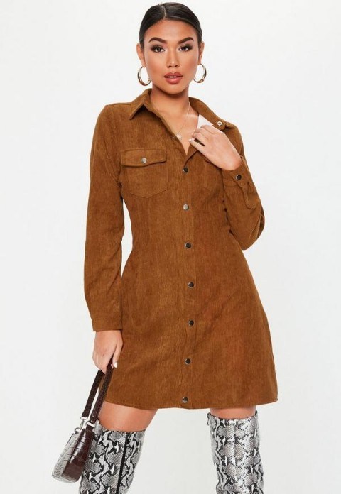 MISSGUIDED rust cord skater shirt dress ~ 70s style fashion ~ brown retro dresses - flipped