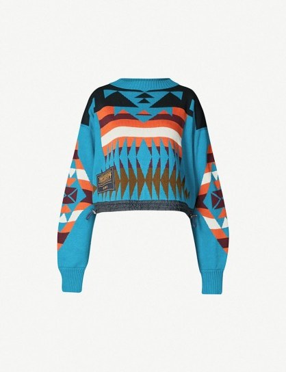SACAI Pendleton-patterned cropped cotton-blend jumper in Turquoise. MIXED PATTERNS - flipped