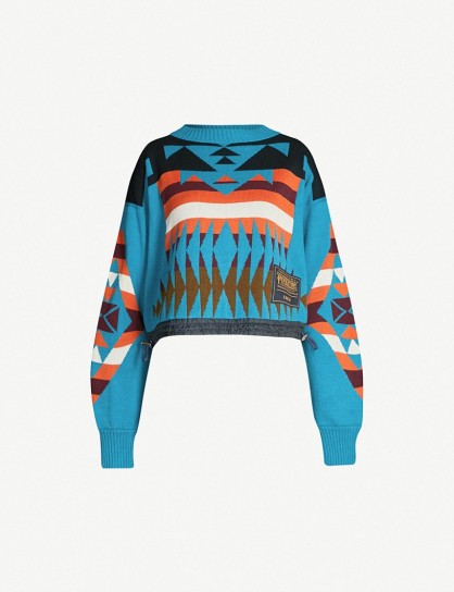 SACAI Pendleton-patterned cropped cotton-blend jumper in Turquoise. MIXED PATTERNS
