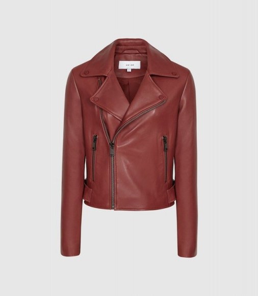 REISS SADIE LEATHER BIKER JACKET RED ~ casual luxe clothing - flipped