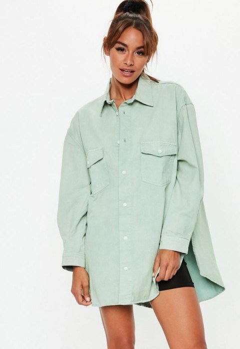 Missguided sage denim super oversized boyfriend shirt | light-green shirts - flipped