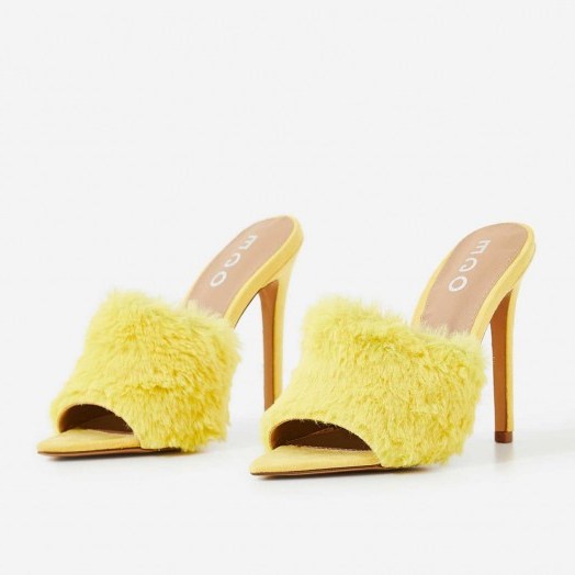 EGO Savage Faux Fur Heel Mule In Yellow Faux Suede – FLUFFY MULES - flipped