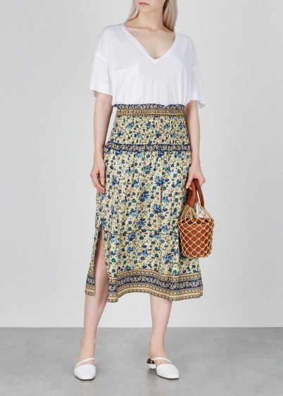 SEA NY Doe printed midi silk skirt in cream – pretty floral side split skirts - flipped