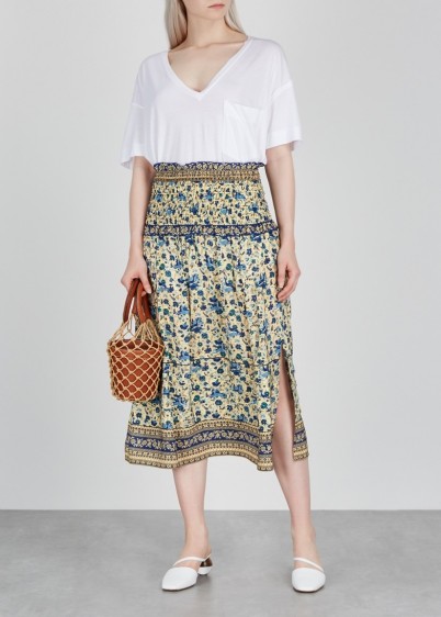 SEA NY Doe printed midi silk skirt in cream – pretty floral side split skirts