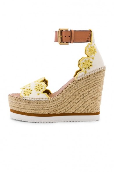 See By Chloe X REVOLVE Glyn Wedge Sandal in Gesso & Yellow | embroidered floral wedges - flipped
