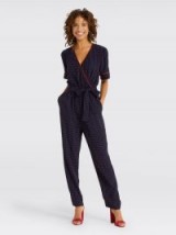Draper James Self Tie Romper in Navy and red foulard | blue printed wrap style jumpsuits | Reese Witherspoon clothing