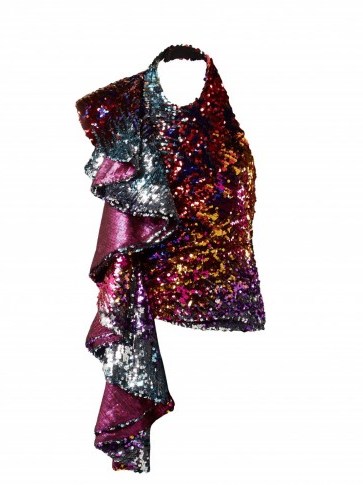 HALPERN Multicoloured sequin ruffle-trimmed halterneck top ~ evening glamour - flipped
