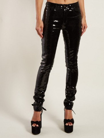 SAINT LAURENT Sequinned slim-fit cotton-blend trousers in black / shiny skinnies