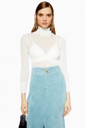 Topshop Sheer Knitted Roll Neck Jumper in White - flipped