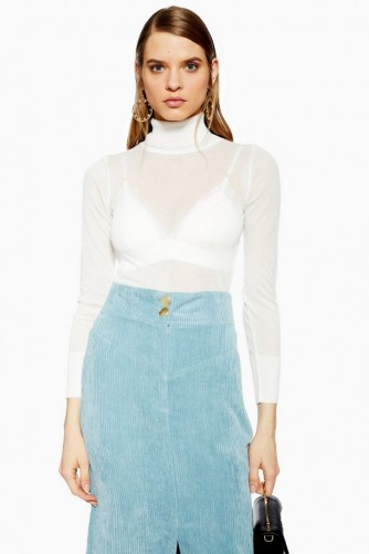 Topshop Sheer Knitted Roll Neck Jumper in White