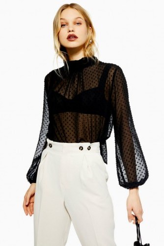 Topshop Sheer Spot Pussybow Blouse in Black | see-through high neck tops - flipped