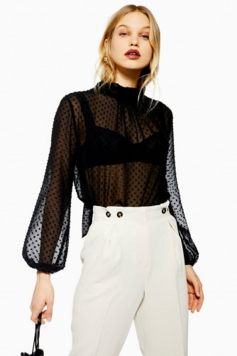 Topshop Sheer Spot Pussybow Blouse in Black | see-through high neck tops