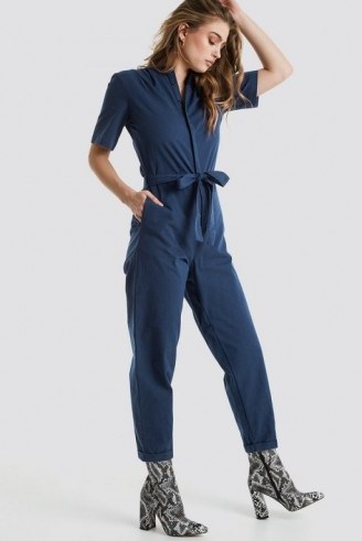 NA-KD Short Sleeve Button Up Jumpsuit Blue | cotton tie waist jumpsuits - flipped