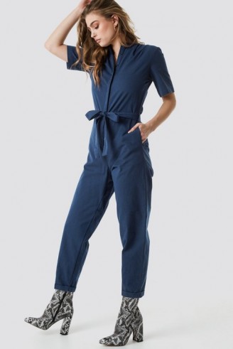 NA-KD Short Sleeve Button Up Jumpsuit Blue | cotton tie waist jumpsuits