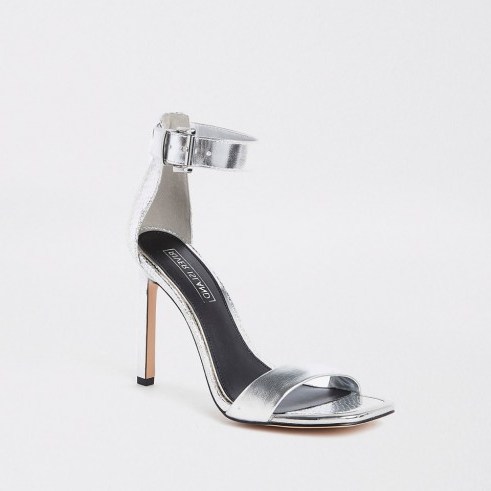 RIVER ISLAND Silver barely there square toe sandals. SHINY METALLIC HEELS - flipped