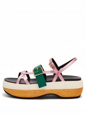 MARNI Slingback pink satin and green leather flatform sandals - flipped