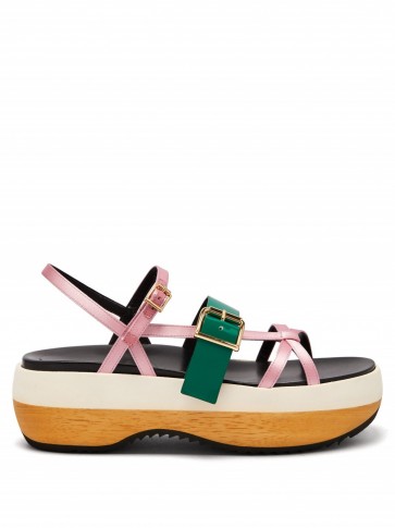 MARNI Slingback pink satin and green leather flatform sandals
