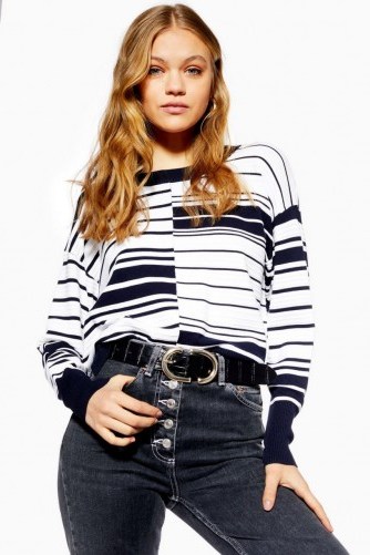 Topshop Spliced Ottoman Jumper in Navy | blue and white striped crew neck - flipped