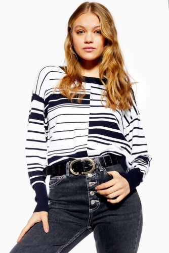 Topshop Spliced Ottoman Jumper in Navy | blue and white striped crew neck