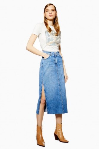 Topshop Split Denim Midi Skirt in Mid Stone | side slit skirts - flipped