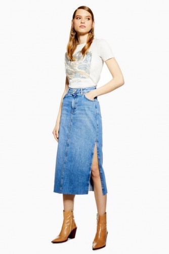 Topshop Split Denim Midi Skirt in Mid Stone | side slit skirts