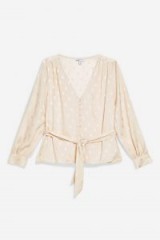 Topshop Spot Jacquard Belted Top in Ivory | feminine waist tie blouse