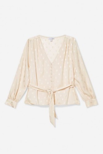 Topshop Spot Jacquard Belted Top in Ivory | feminine waist tie blouse - flipped