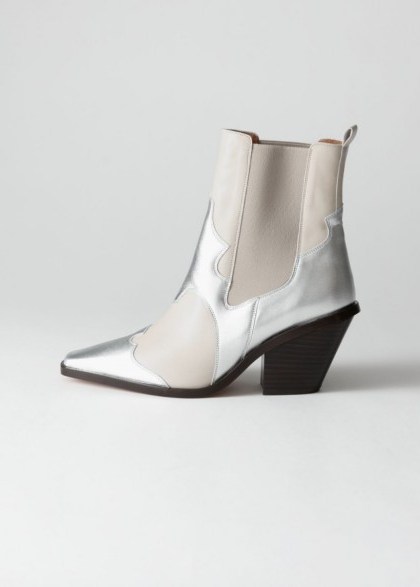 & other stories Square Toe Leather Cowboy Boots in White / Silver ~ metallic western boot - flipped