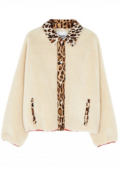 STAND Caren faux shearling jacket in cream – animal print trim - flipped
