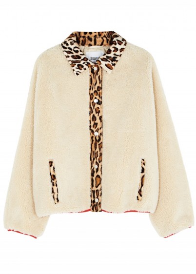 STAND Caren faux shearling jacket in cream – animal print trim