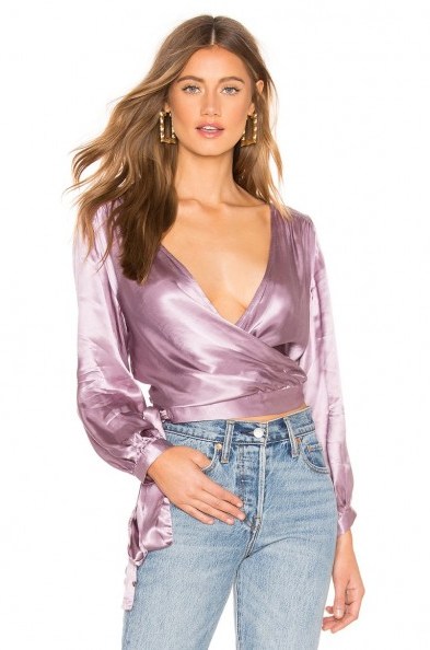 1. STATE Long Sleeve Wrap Front Waisted Blouse Wildflower – glamour – plunge front tops - flipped