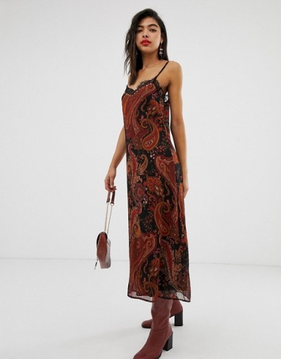 Stradivarius slip dress in paisley print | lace trim cami dresses