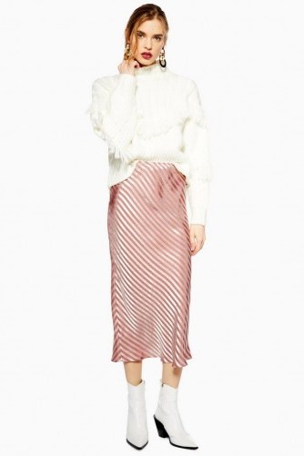 Topshop Stripe Satin Bias Midi Skirt in Taupe | slinky skirts - flipped