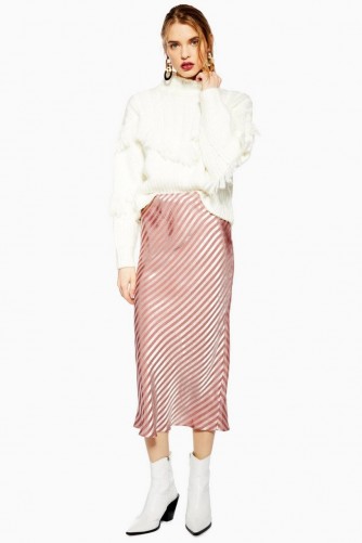 Topshop Stripe Satin Bias Midi Skirt in Taupe | slinky skirts