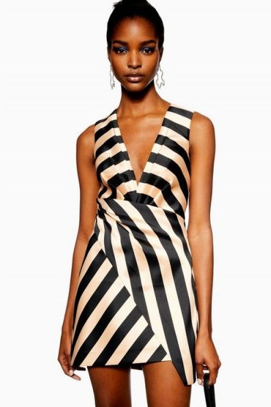 Topshop Stripe Wrap Structured Dress in Taupe | asymmetric front party mini - flipped