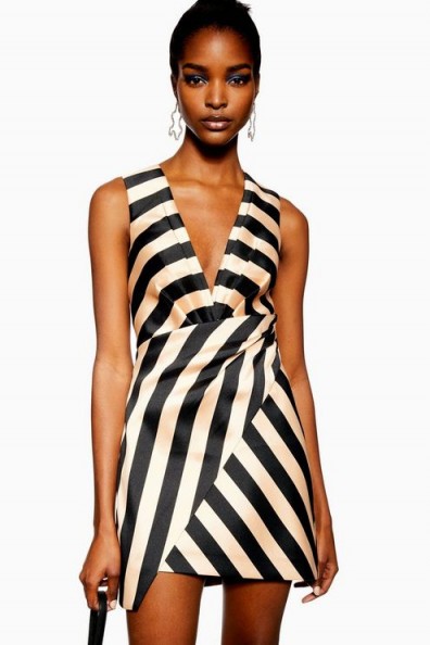 Topshop Stripe Wrap Structured Dress in Taupe | asymmetric front party mini