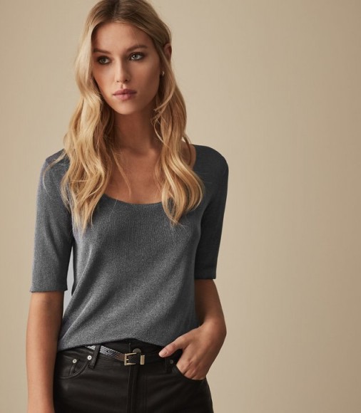 REISS TABBY METALLIC KNITTED TOP BLUE ~ every day luxe tee