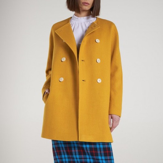 L.K. BENNETT TAMMIE YELLOW COAT in golden spice / smart and stylish collarless coats - flipped