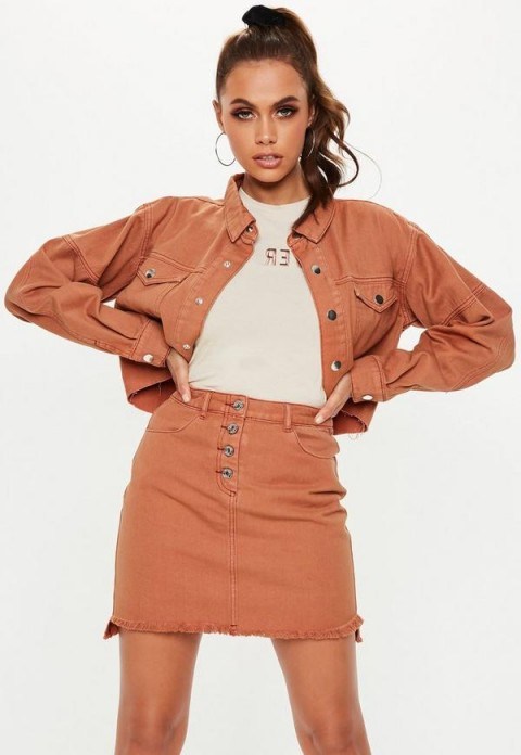 Missguided tan exposed button step hem denim micro mini skirt | light-brown frayed skirts - flipped