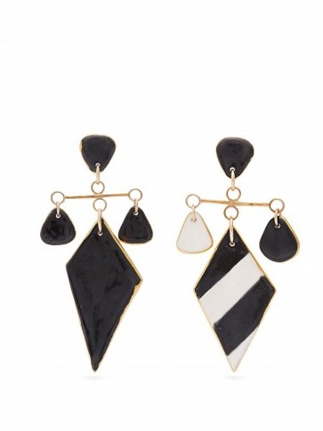 SONIA BOYAJIAN Tanning striped ceramic earrings in black ~ large monochrome drop earrings - flipped