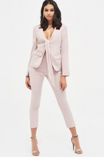 Lavish Alice tie front blazer style tailored jumpsuit in dusty pink | plunging jacket jumpsuits - flipped