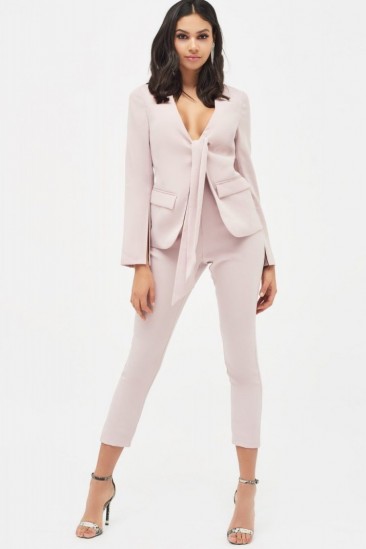 Lavish Alice tie front blazer style tailored jumpsuit in dusty pink | plunging jacket jumpsuits