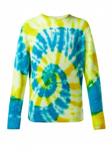 THE ELDER STATESMAN Tie-dye crew-neck cashmere sweater in blue & yellow / psychedelic print jumper - flipped