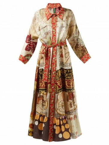 RIANNA + NINA Tiered silk satin-twill dress in camel ~ mixed vintage prints - flipped